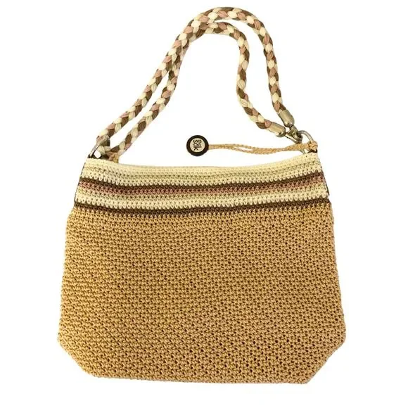 The Sak Woven Crochet Shoulder / Crossbody Bag Tan & Pink Braided Strap - Picture 3 of 13